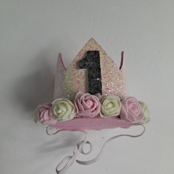 First Birthday Girl Crown Hats Party Celebration White pink Glitter - Picture 1 of 8